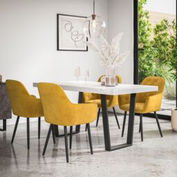 More4Homes Aria Dining Table & Chairs - White Marble Effect Table Top w Black Legs + Anika Velvet Dining Chair Set Of 4 in Mustard