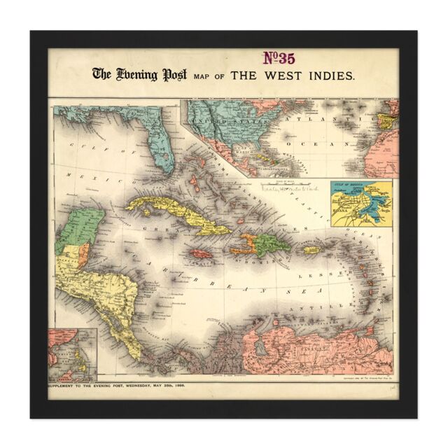 "Artery8 Wall Art Print Evening Post 1898 Political Map West Indies Square Framed Picture 16X16 Inch in Black - Size: W16"" x H16""" - image 1