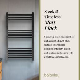 Balterley Straight Heated Towel Rail Radiator, 542W, 600 x 800mm, Matt Black - thumbnail 6