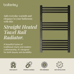 Balterley Straight Heated Towel Rail Radiator, 542W, 600 x 800mm, Matt Black - thumbnail 2