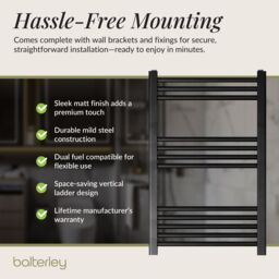 Balterley Straight Heated Towel Rail Radiator, 542W, 600 x 800mm, Matt Black - thumbnail 4