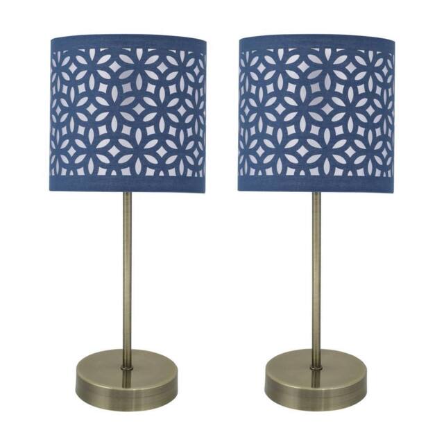 First Choice Lighting Set of 2 Antique Brass Stick Table Lamps with Navy Blue Cut Shades in Bronze - image 1