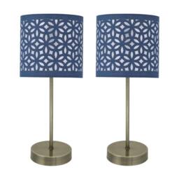 First Choice Lighting Set of 2 Antique Brass Stick Table Lamps with Navy Blue Cut Shades in Bronze - thumbnail 1