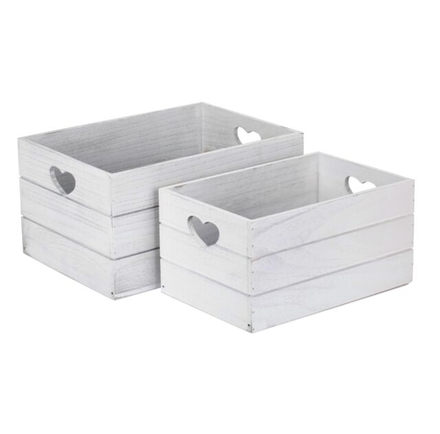 Red Hamper Set of 2 Vintage Effect Heart Cut Handle Wooden Storage Crate in Grey - image 1