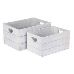 Red Hamper Set of 2 Vintage Effect Heart Cut Handle Wooden Storage Crate in Grey