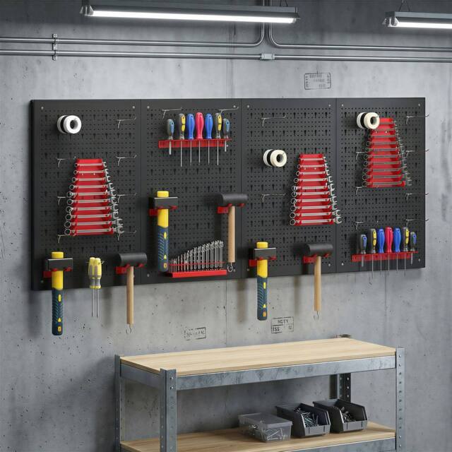 HOMCOM 38 Pcs Wall-Mounted Pegboard with Hooks & Storage Shelves in Black - Size: 60 cm - image 1