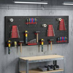 HOMCOM 38 Pcs Wall-Mounted Pegboard with Hooks & Storage Shelves in Black - Size: 60 cm - thumbnail 1