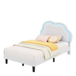 BTM 3ft Single Upholstered Bed Frame LED Adjustable Headboard Velvet Bed in White - thumbnail 8
