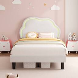 BTM 3ft Single Upholstered Bed Frame LED Adjustable Headboard Velvet Bed in White - thumbnail 3