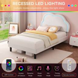 BTM 3ft Single Upholstered Bed Frame LED Adjustable Headboard Velvet Bed in White - thumbnail 2