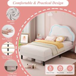 BTM 3ft Single Upholstered Bed Frame LED Adjustable Headboard Velvet Bed in White - thumbnail 4
