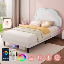 BTM 3ft Single Upholstered Bed Frame LED Adjustable Headboard Velvet Bed in White - thumbnail 7