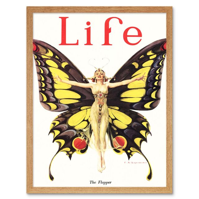 "Artery8 Wall Art Print Magazine Cover 1922 The Flapper Woman Butterfly Dancer Bright Vintage Cover Art Framed in Light Oak - Size: W12"" x H16""" - image 1