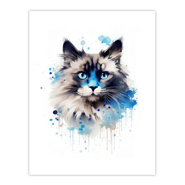 "Artery8 Wall Art Print Birman Cat Lovers Gift Watercolour Pet Portrait Painting Artwork Poster - Size: W12"" x H16""" - image 1