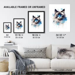 "Artery8 Wall Art Print Birman Cat Lovers Gift Watercolour Pet Portrait Painting Artwork Poster - Size: W12"" x H16""" - thumbnail 3