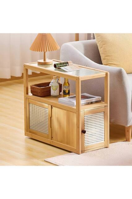 Wooden‑Glass Side Table with Swivel Casters in Brown - image 1