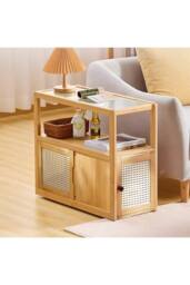 Wooden‑Glass Side Table with Swivel Casters in Brown