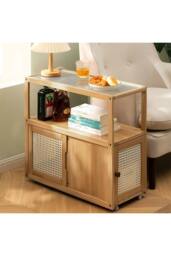 Wooden‑Glass Side Table with Swivel Casters in Brown - thumbnail 2