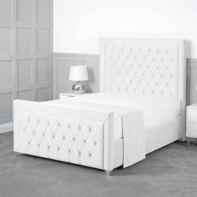 Living Comfort Bedz Ember Plush Velvet Upholstered Bed Slatted Base with 48Inch Headboard in White - Size: Super King - image 1