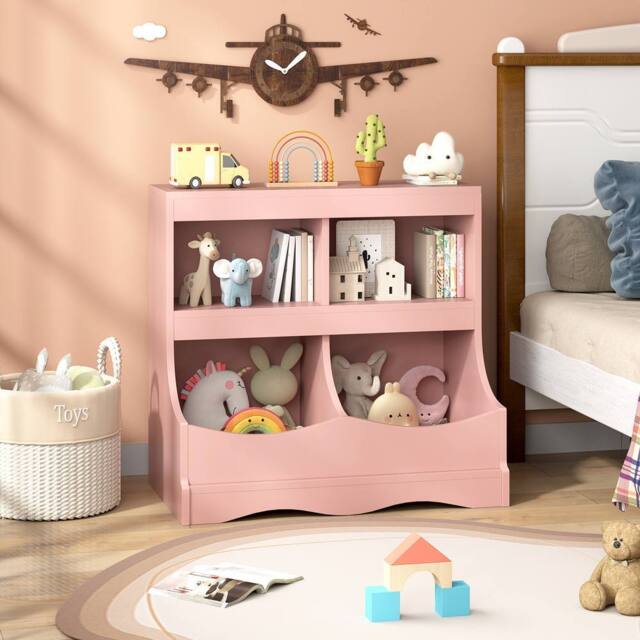 Costway Wooden Toy Storage Organizer 4-Cubs Kids Bookcase for Book & Toy in Pink - image 1