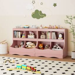 Costway Wooden Toy Storage Organizer 4-Cubs Kids Bookcase for Book & Toy in Pink - thumbnail 5