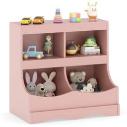 Costway Wooden Toy Storage Organizer 4-Cubs Kids Bookcase for Book & Toy in Pink - thumbnail 3
