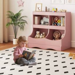 Costway Wooden Toy Storage Organizer 4-Cubs Kids Bookcase for Book & Toy in Pink - thumbnail 4