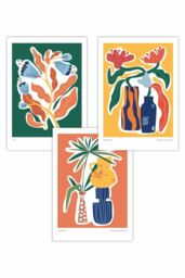 ARTZE Set of 3 Artisan Flower Market in Green, Yellow & Orange Art Posters in Green - Size: W50 cm x H70 cm - thumbnail 1