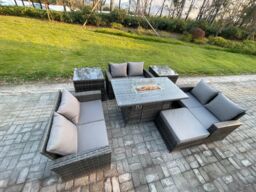Fimous High Back Rattan Garden Furniture Sofa Sets with Outdoor Furniture Gas Firepit Dining Table Set 2 Side Tables in Dark Grey - thumbnail 2
