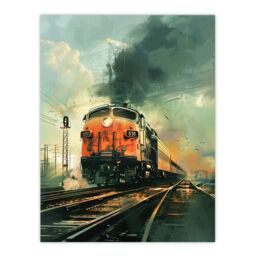 "Artery8 Locomotive Train Front View Railway Painting Wall Art Print - Size: W24"" x H32""" - thumbnail 1
