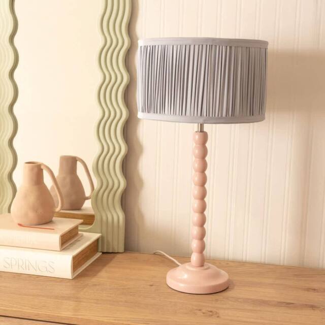 ValueLights Bobbins Rose Pink Table Lamp with Ruched Pleated Shade & Bulb in Baby Blue - image 1