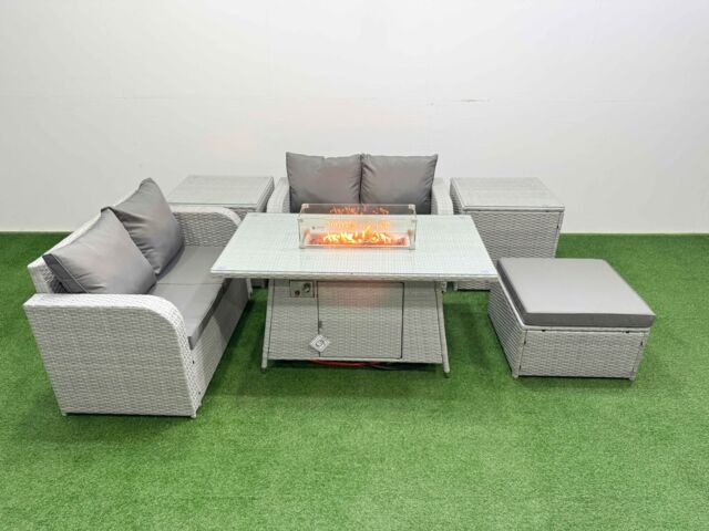 Fimous 5 Seater Outdoor Love Sofa Set Rattan Garden Furniture Set with Firepit Dining Table Big Footstool 2 Side Tables Light Grey - image 1