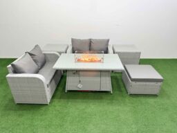 Fimous 5 Seater Outdoor Love Sofa Set Rattan Garden Furniture Set with Firepit Dining Table Big Footstool 2 Side Tables Light Grey - thumbnail 2