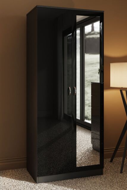 FWStyle 2 Door Mirrored High Gloss Black Double Wardrobe - image 1