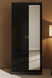 FWStyle 2 Door Mirrored High Gloss Black Double Wardrobe - thumbnail 2