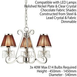 Loops Esher Ceiling Pendant Chandelier Nickel Crystal & Brown Shades 3 Lamp Light in Metallics - thumbnail 2