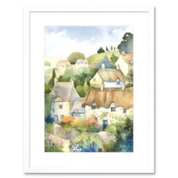 Artery8 Wall Art Print Thatched Roof Cottage House Village in Soft Pastel Colours Modern Watercolour Painting Artwork Framed 9X7 Inch - thumbnail 1