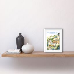 Artery8 Wall Art Print Thatched Roof Cottage House Village in Soft Pastel Colours Modern Watercolour Painting Artwork Framed 9X7 Inch - thumbnail 2