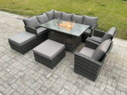 Fimous 10 Seater Outdoor Rattan Garden Furniture Set Corner Sofa Gas Fire Pit Dining Table Sets Gas Heater with 2 Big Footstool 2 Armchair - thumbnail 1