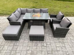 Fimous 10 Seater Outdoor Rattan Garden Furniture Set Corner Sofa Gas Fire Pit Dining Table Sets Gas Heater with 2 Big Footstool 2 Armchair - thumbnail 2