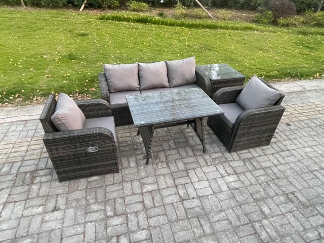 Fimous Rattan Wicker Garden Furniture Patio Conservatory Sofa Set with Dining Table Reclining Chair Side Table in Dark Grey - image 1