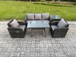 Fimous Rattan Wicker Garden Furniture Patio Conservatory Sofa Set with Dining Table Reclining Chair Side Table in Dark Grey - thumbnail 2