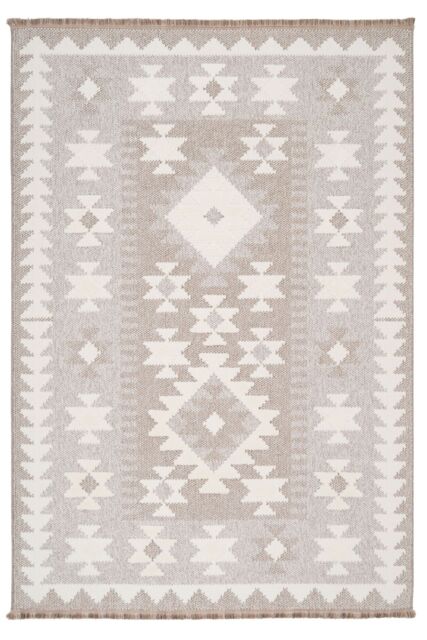 Kukoon Neutral Beige Brown Geometric Scandi Boho Fringed Textured Rug - Size: 160 cm x 230 cm - image 1