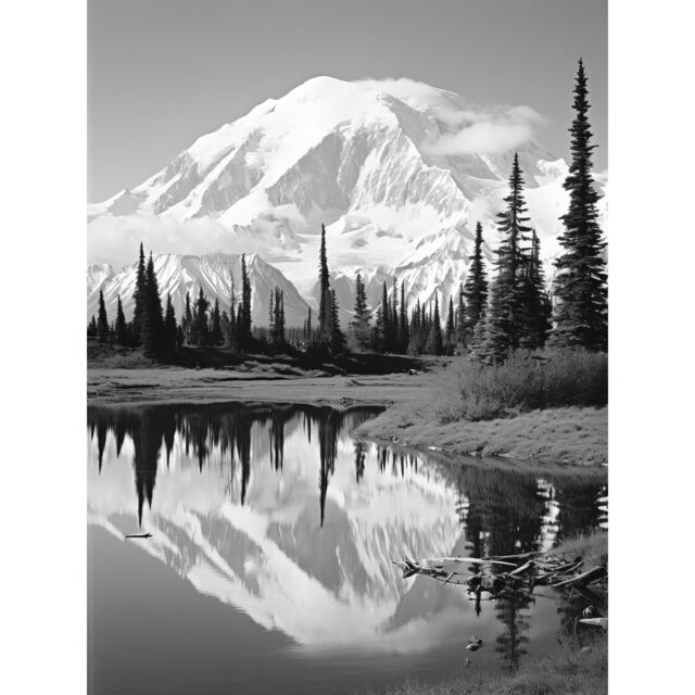 Artery8 Wall Art Print Mount McKinley Reflecting on Wonder Lake Tranquil Water Black & White Photograph Scenic Mountain Valley Landscape Poster - image 1