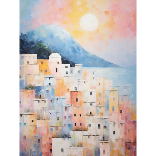 Artery8 Wall Art Print Santorini Whitewashed Buildings Pastel Colour Oil Painting Orange Pink Blue Sunrise Fira Coastal City Poster - image 1