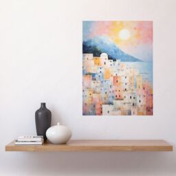 Artery8 Wall Art Print Santorini Whitewashed Buildings Pastel Colour Oil Painting Orange Pink Blue Sunrise Fira Coastal City Poster - thumbnail 2