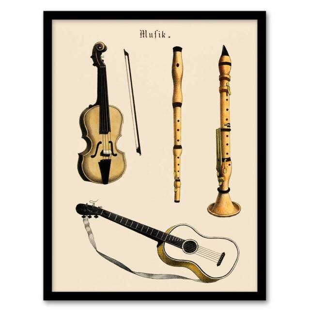 Artery8 Musical Instruments Framed Wall Art Print Violin Guitar & Flutes in Beige - Size: A4 - image 1