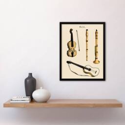 Artery8 Musical Instruments Framed Wall Art Print Violin Guitar & Flutes in Beige - Size: A4 - thumbnail 2