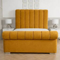 Living Comfort Bedz Orion Plush Velvet Upholstered Bed Slatted Base with 48Inch Headboard in Mustard - Size: Super King - thumbnail 2