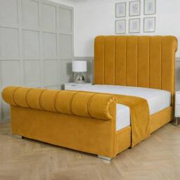 Living Comfort Bedz Orion Plush Velvet Upholstered Bed Slatted Base with 48Inch Headboard in Mustard - Size: Super King - thumbnail 1